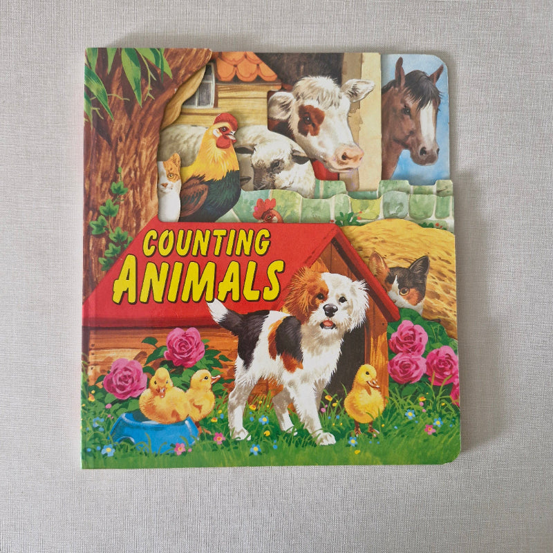 Children's book titled 'Counting Animals' with colourful illustrations of animals on a gray surface.