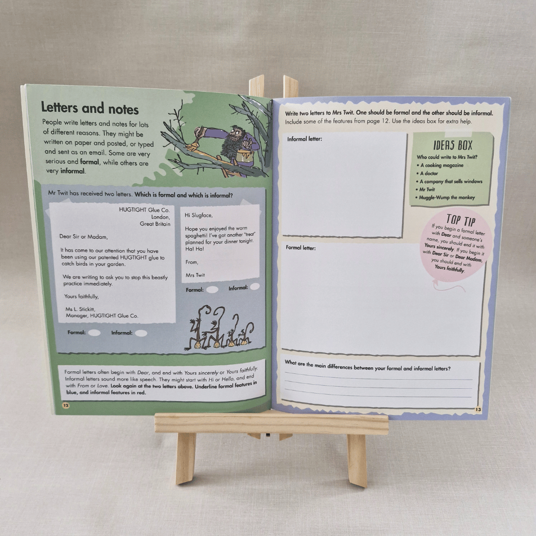 Open book with educational content on a small wooden easel against a neutral background