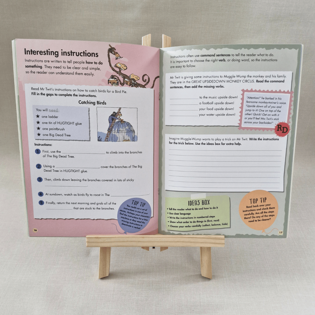 Open book with instructions on a small wooden stand against a neutral background