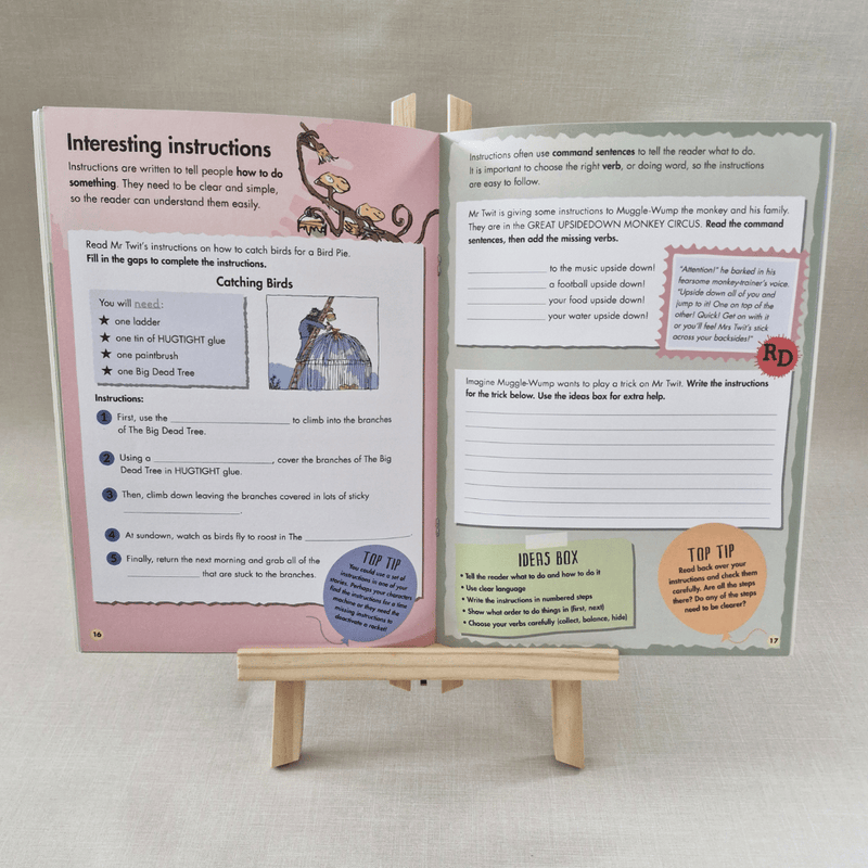 Open book with instructions on a small wooden stand against a neutral background