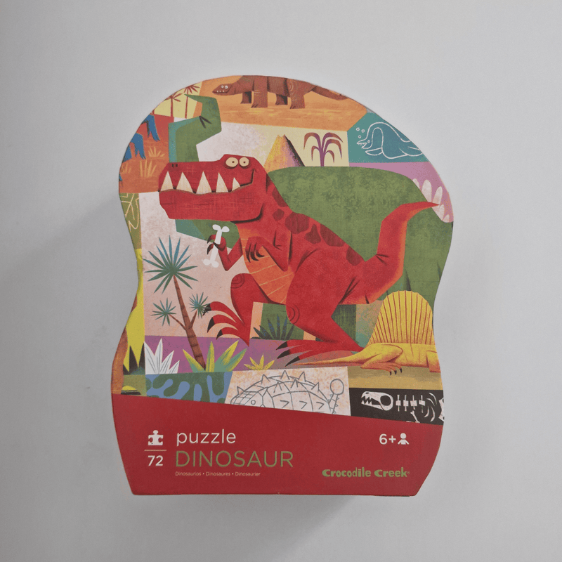 Dinosaur-themed puzzle packaging with colorful illustration on a gray background