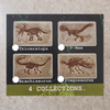 Four dinosaur fossil collectibles with labels on a textured surface