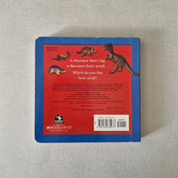 Back cover of a book with dinosaur illustrations and text on a textured surface