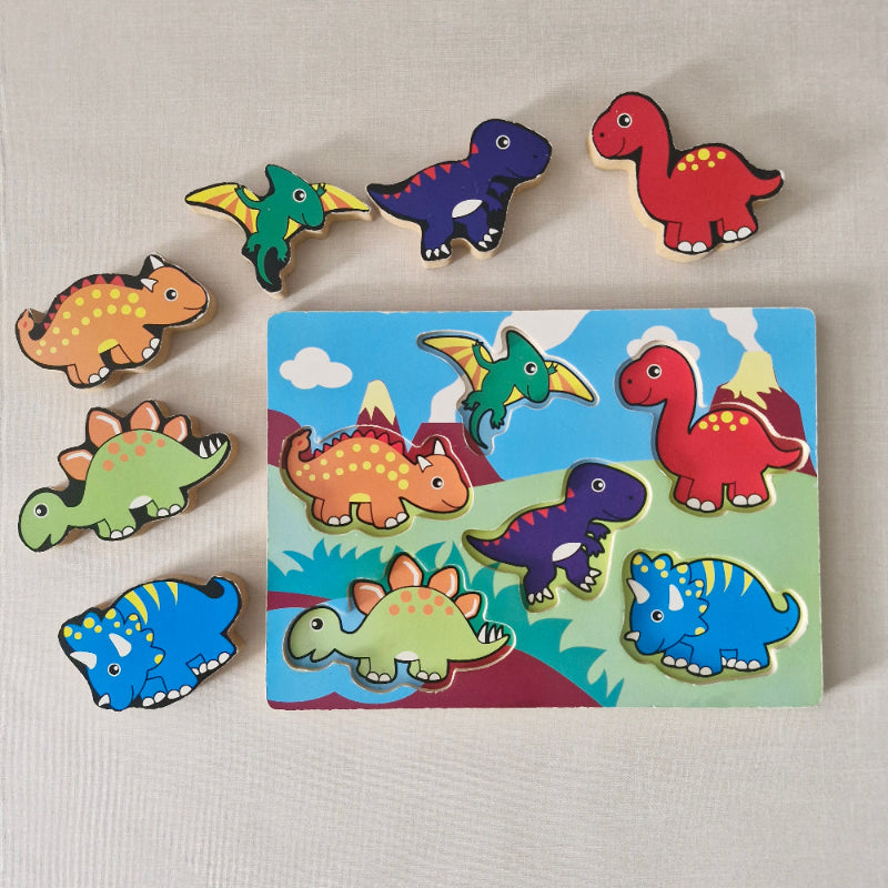 Colorful dinosaur-shaped wooden puzzle on a light gray background