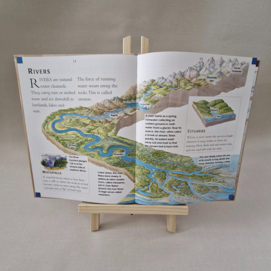 Open book on a stand with educational content about rivers