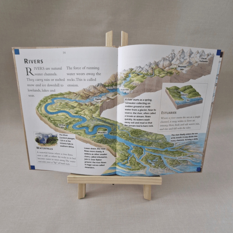 Open book on a stand with educational content about rivers