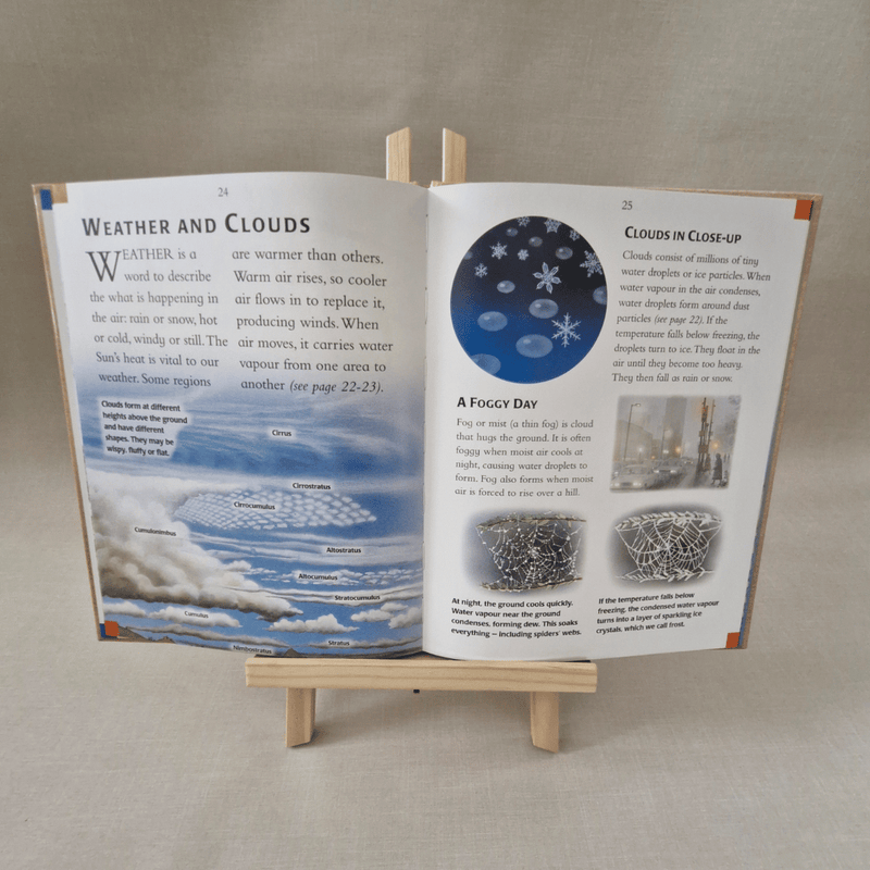 Open book on a stand with educational content about weather and clouds.
