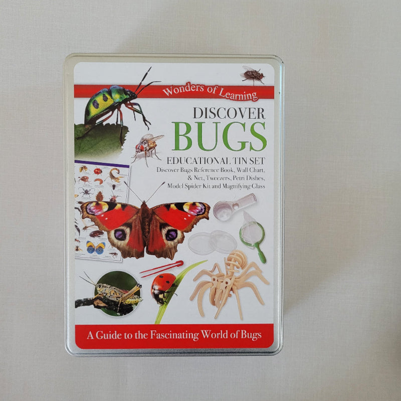 Educational tin set for discovering bugs with images of insects on a white background