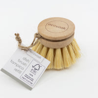 A replacement tampico dish brush head with branded 'ECOVASK' logo on the top, with cardboard tag with product information.