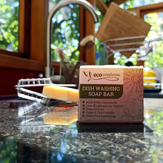 Dish washing soap bar packaging on a kitchen counter with a window in the background