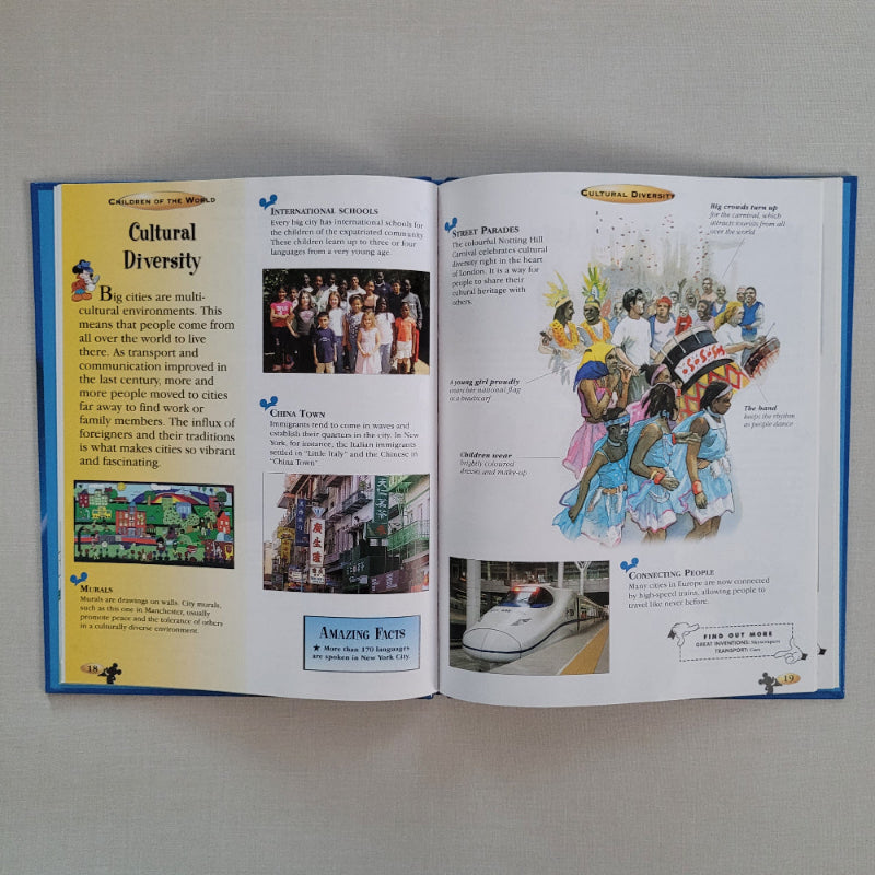 Open book with colourful illustrations and text about cultural diversity on a plain background