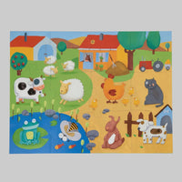 Children's farm-themed puzzle with colourful animals on a plain background