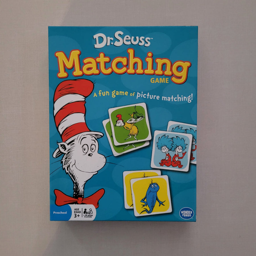 Dr. Seuss Matching Game packaging with cards on a gray background