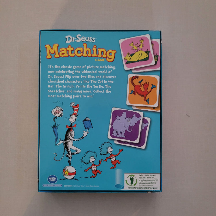 Dr. Seuss Matching game box on a beige background