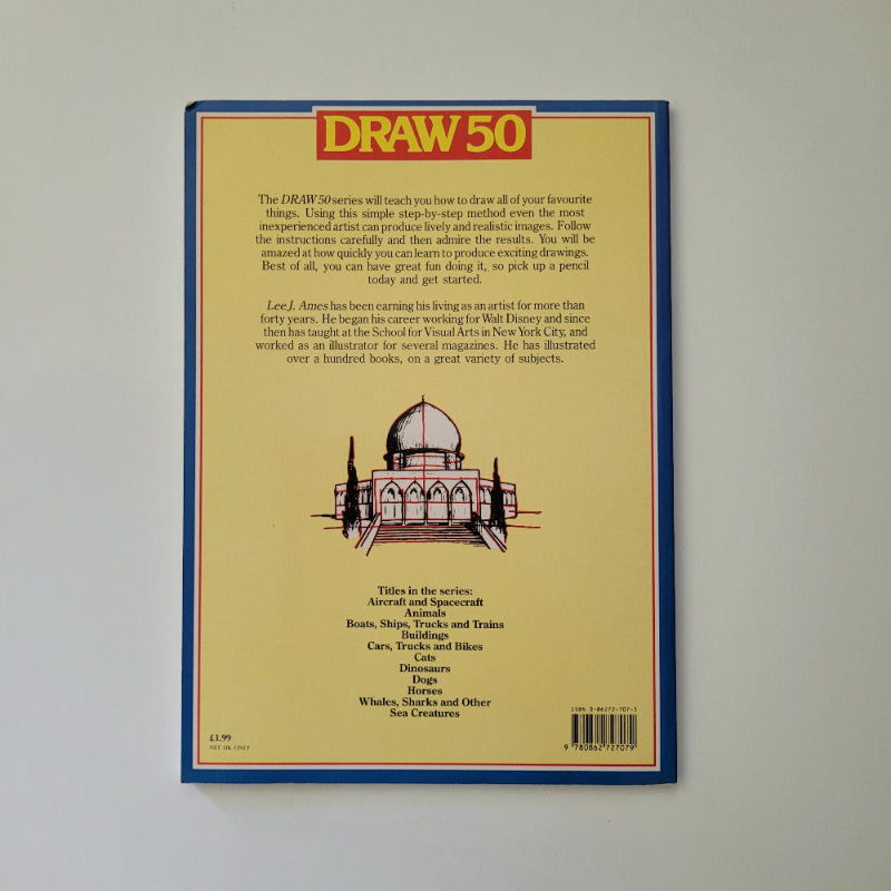 Back cover of a book titled 'Draw 50' with text and illustration on a beige background