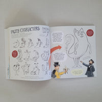 Open book with cat illustrations of characters and text on a plain background