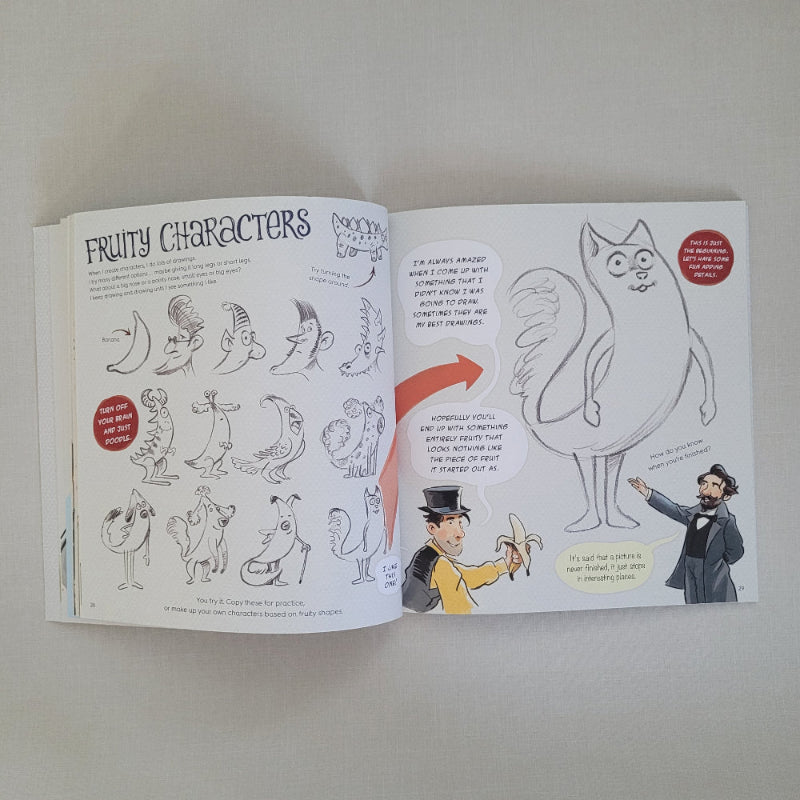 Open book with cat illustrations of characters and text on a plain background