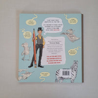 Book cover with illustrations of a man in a suit, zebra, and other characters on a light blue background.