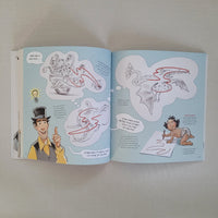 Open book with illustrations and text on a light gray background
