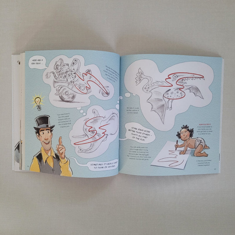 Open book with illustrations and text on a light gray background