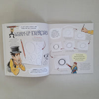Open book with drawing illustrations and text on a plain background