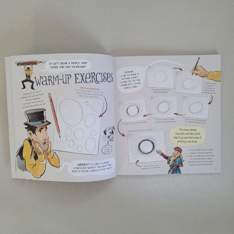 Open book with drawing illustrations and text on a plain background