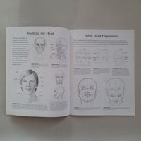 Open book with illustrations of adult head proportions on a plain background