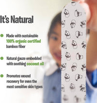 Product packaging with panda pattern and text about natural ingredients and benefits.