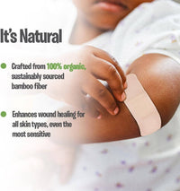 Person with a bandage on their arm, with text about organic bamboo fiber bandages.