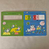 Open children's book with colourful illustrations on a textured surface