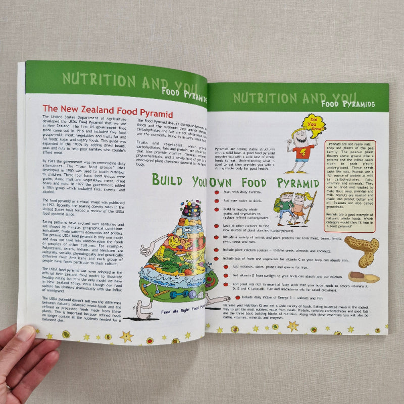 Open book with educational content on nutrition and food pyramid design