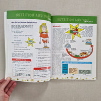 Open book on nutrition and minerals with colorful illustrations on a textured surface