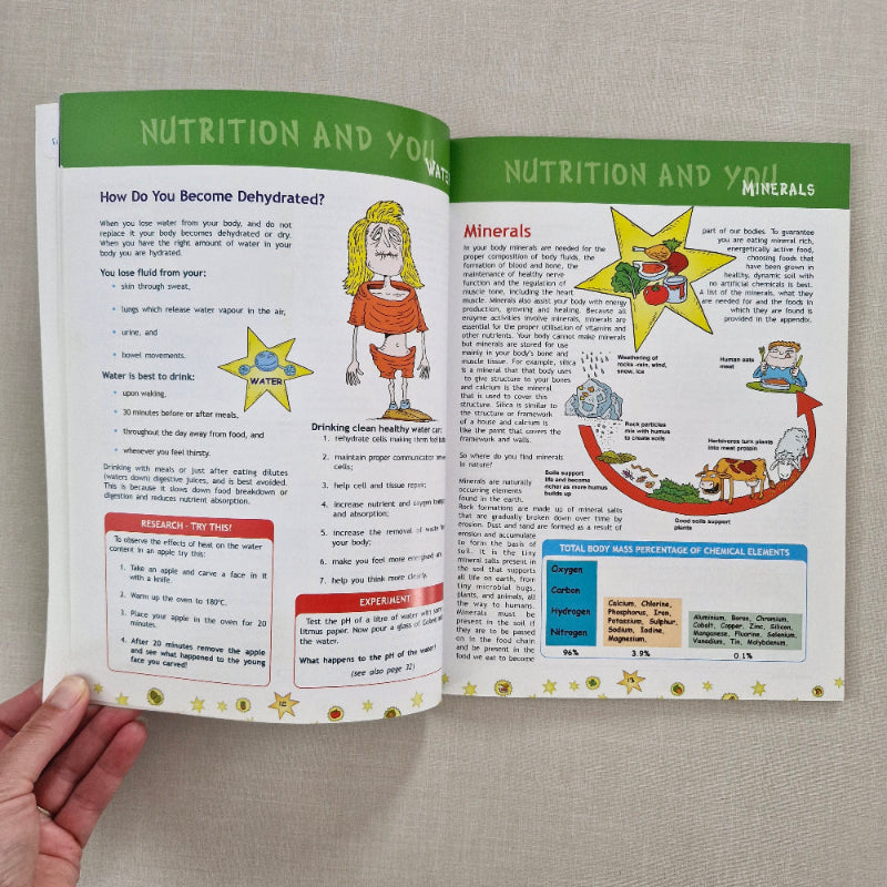 Open book on nutrition and minerals with colorful illustrations on a textured surface