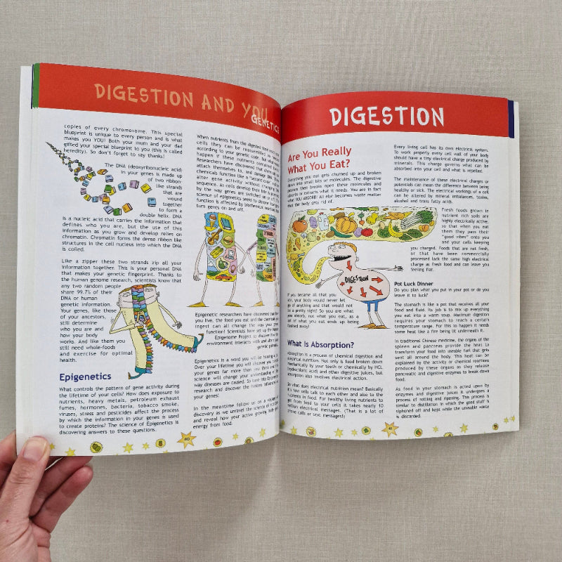 Open book with illustrations and text on a beige background
