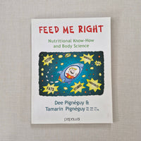 Book cover of 'Feed Me Right' with a cartoon rocket and stars on a textured gray background