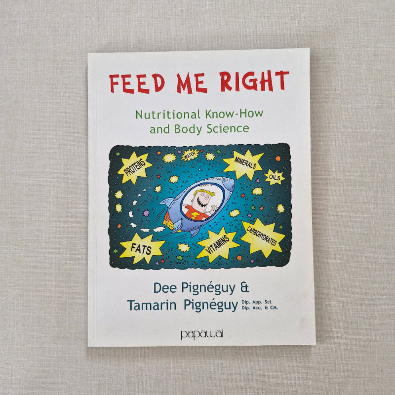 Book cover of 'Feed Me Right' with a cartoon rocket and stars on a textured gray background