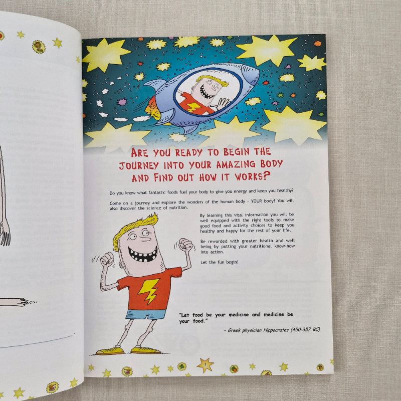 Open book with cartoon illustrations and text on a textured surface