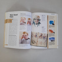 Open book with illustrations and text  about using water based paints on a plain background