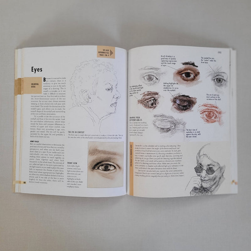 Open book with illustrations of eyes on a plain background