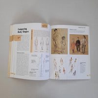 Open book with illustrations of body shapesand text on a plain background