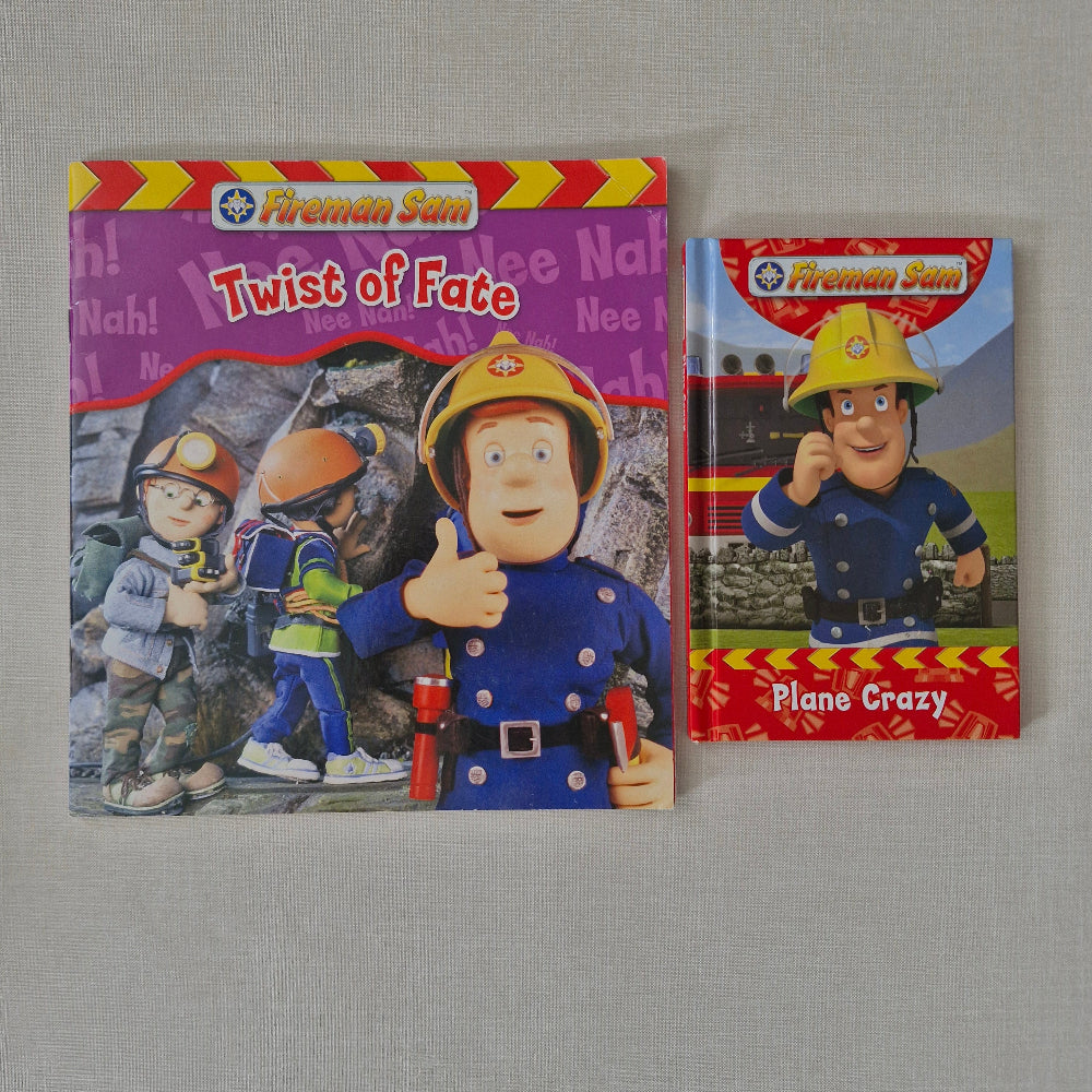 Two 'Fireman Sam' books on a grey surface