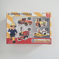 Box of Fireman Sam shaped puzzles with illustrations on a white background