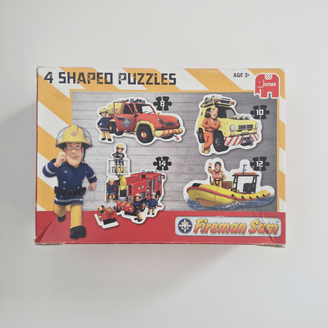 Box of Fireman Sam shaped puzzles with illustrations on a white background