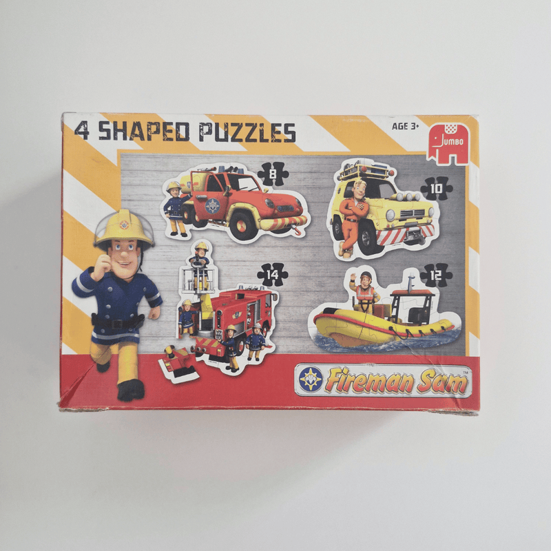 Box of Fireman Sam shaped puzzles with illustrations on a white background