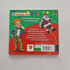 Book back cover with Christmas-themed illustrations and text on a grey background