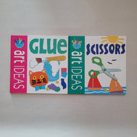 Colourful book titled 'Art Ideas' with illustrations of scissors, glue, and art supplies on a white background.