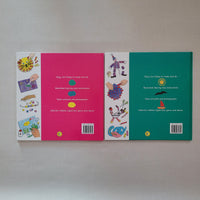 Two book covers, one green and one pink, with illustrations on a plain background