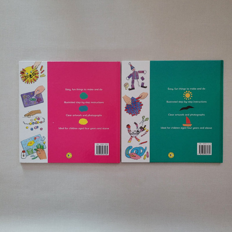 Two book covers, one green and one pink, with illustrations on a plain background