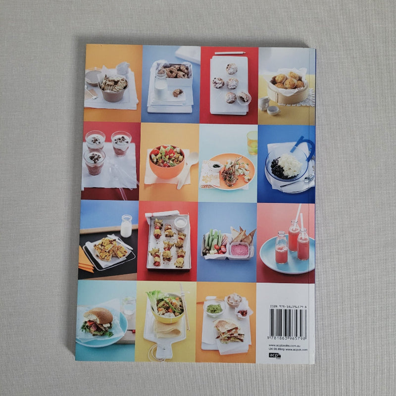 Book cover with colorful square grid of food images on a gray background