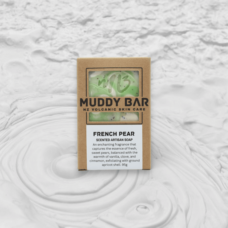 Muddy Bar NZ volcanic skin care soap packaging on a textured white background